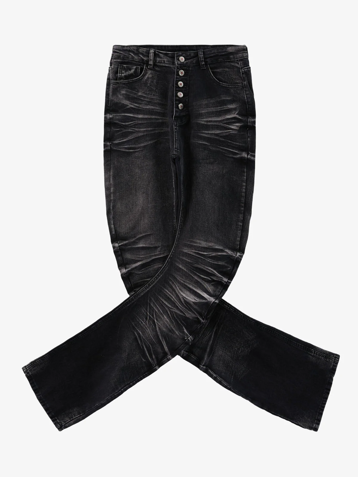 Vintage Distressed Button Fly Ruched Panel Flared Jeans - Image 4