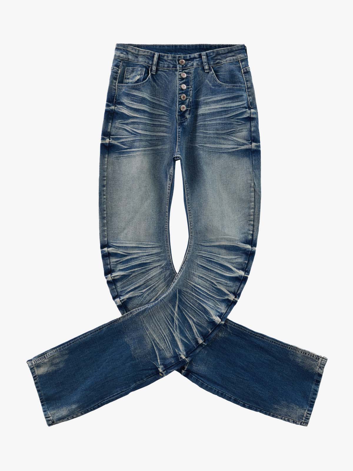 Vintage Distressed Button Fly Ruched Panel Flared Jeans - Image 7