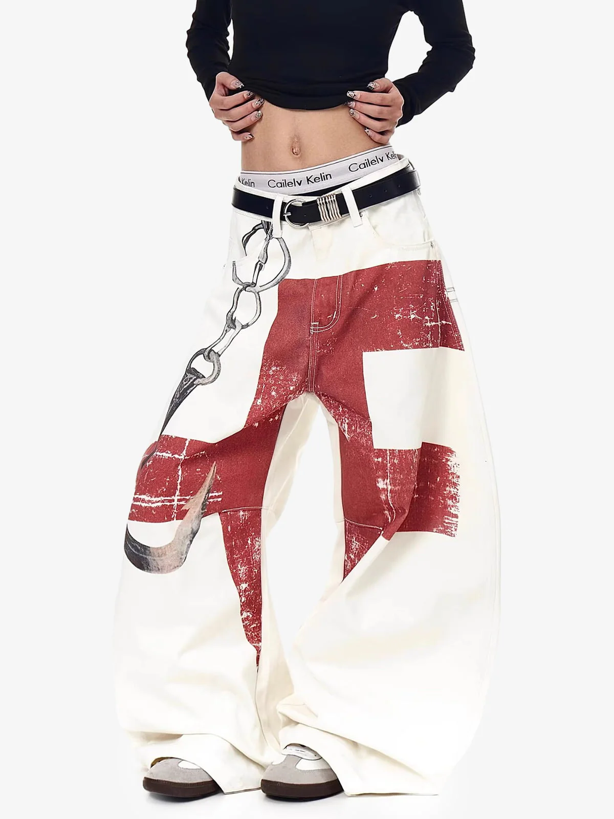 Vintage Distressed Chain Print Oversized Canvas Baggy Pants - Image 10