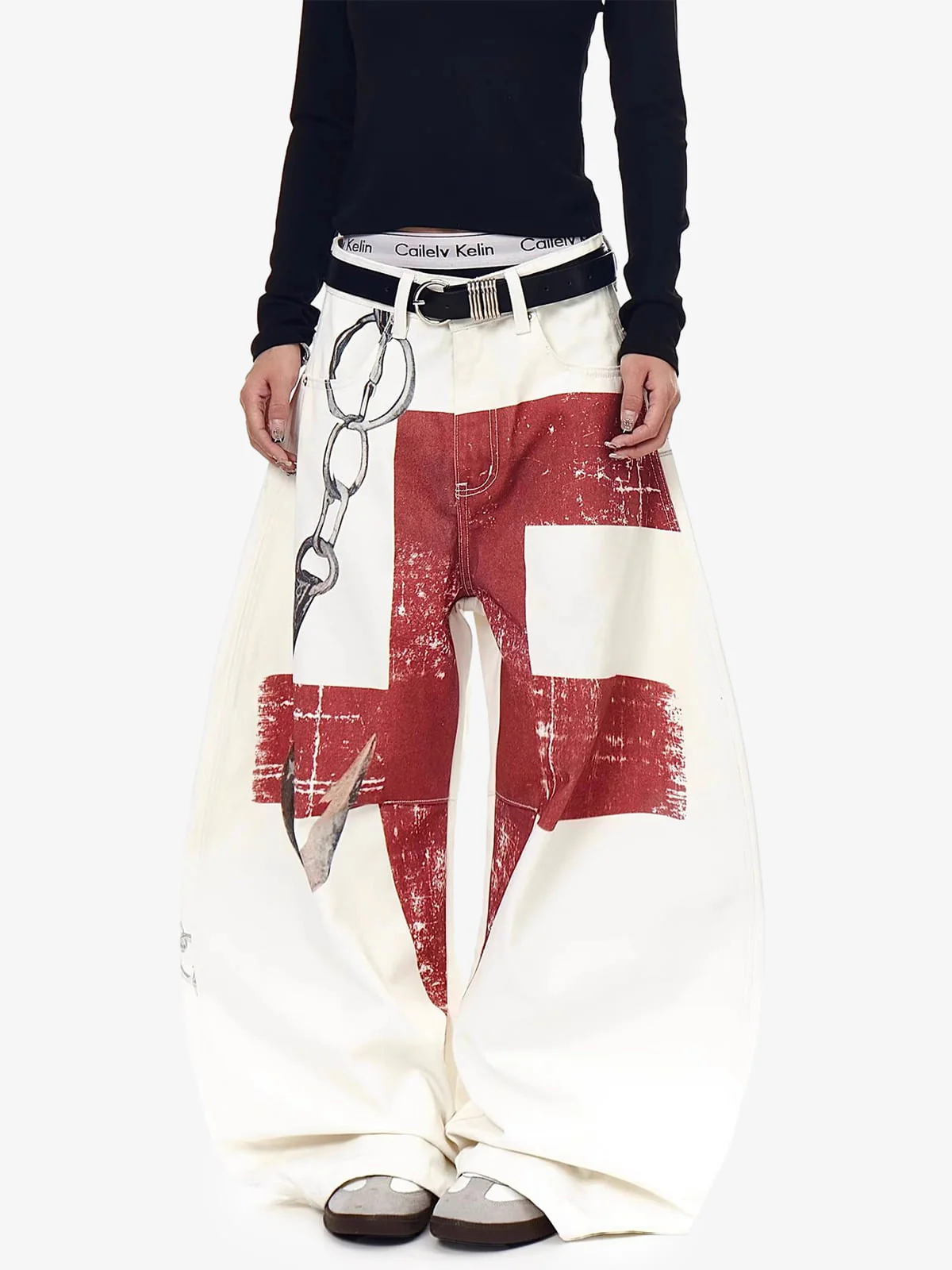 Vintage Distressed Chain Print Oversized Canvas Baggy Pants - Image 11