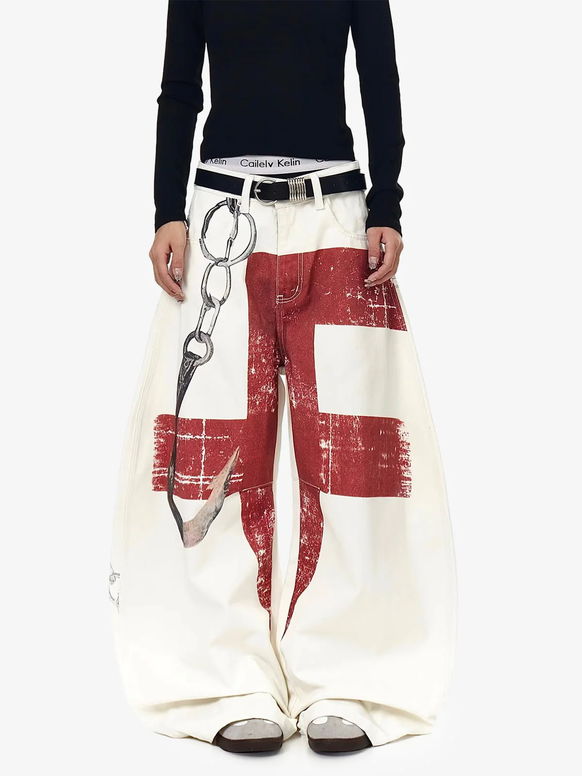 Vintage Distressed Chain Print Oversized Canvas Baggy Pants - Image 5