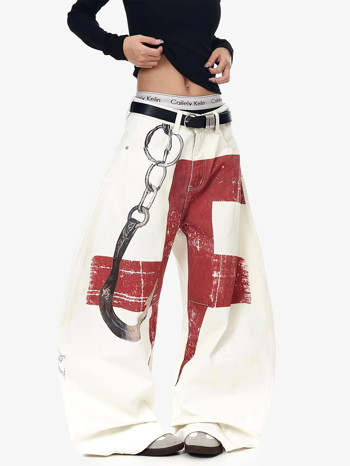Vintage Distressed Chain Print Oversized Canvas Baggy Pants - Image 8