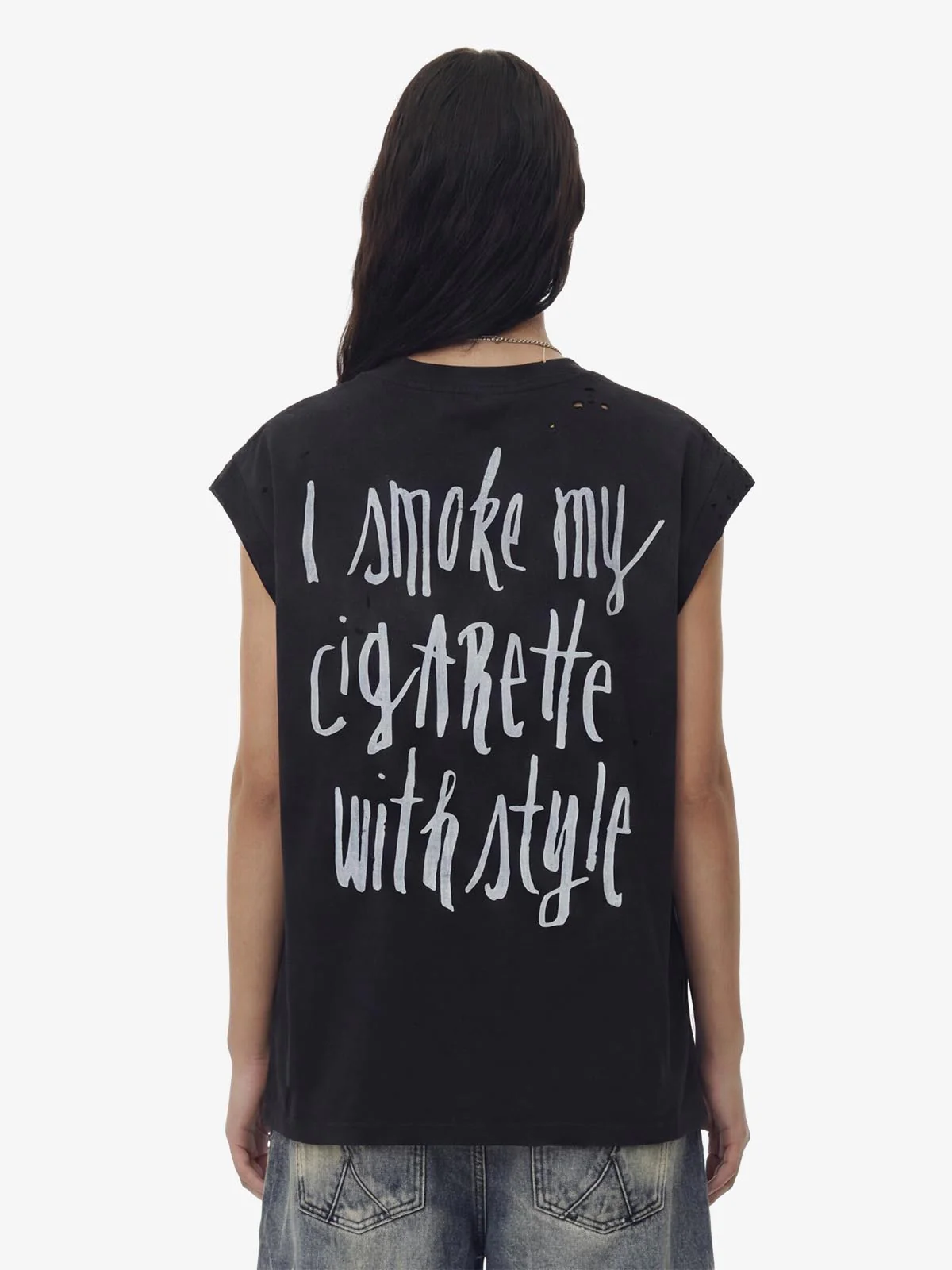 Vintage Distressed Hole Washed Letter Print Sleeveless Knit T-Shirt - Image 3