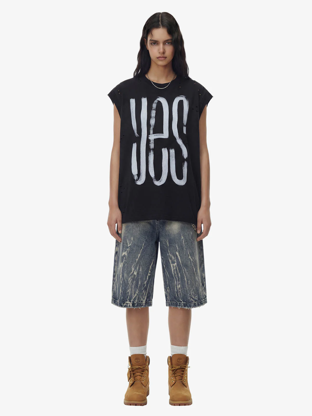 Vintage Distressed Hole Washed Letter Print Sleeveless Knit T-Shirt - Image 4