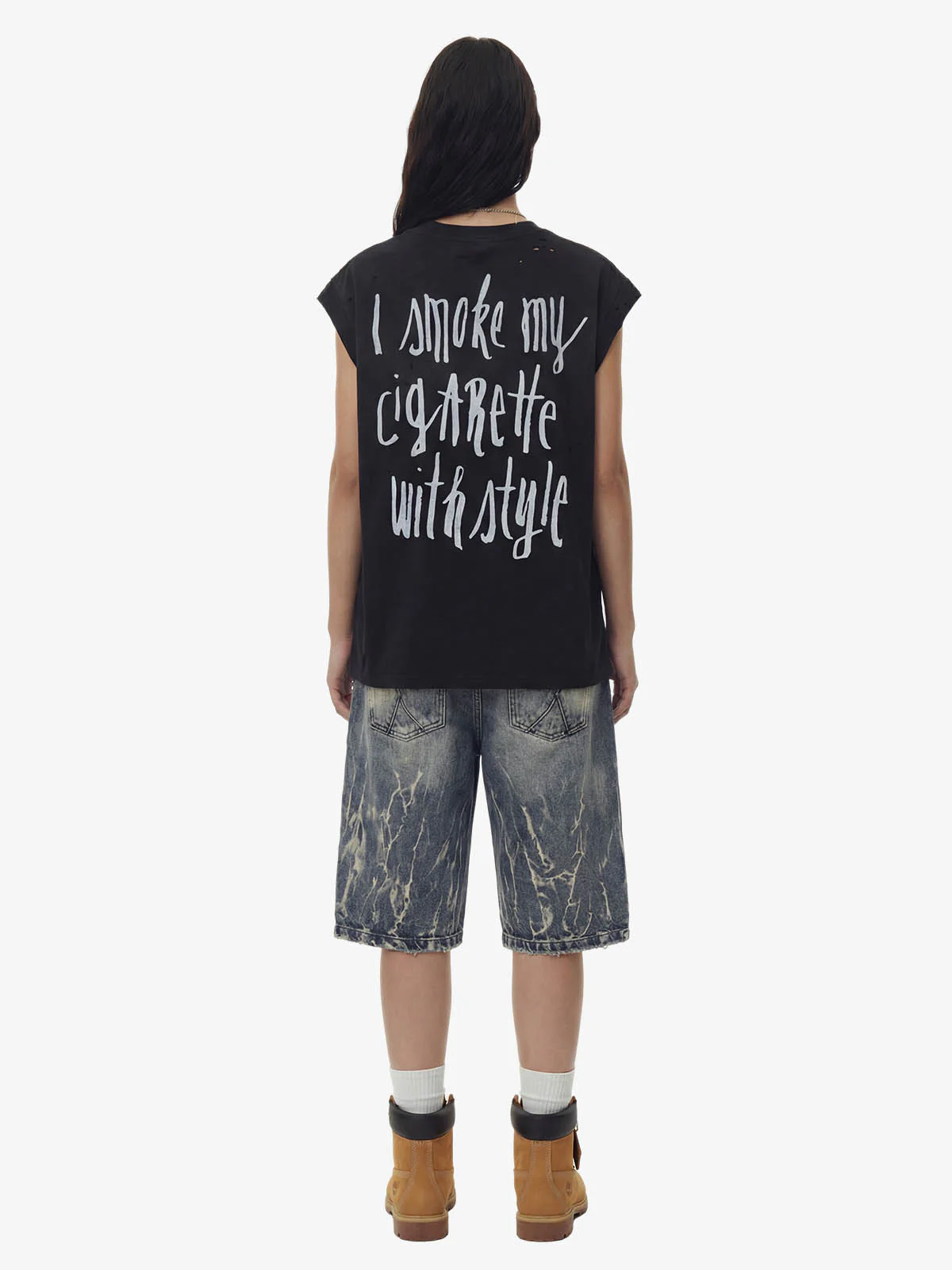 Vintage Distressed Hole Washed Letter Print Sleeveless Knit T-Shirt - Image 5