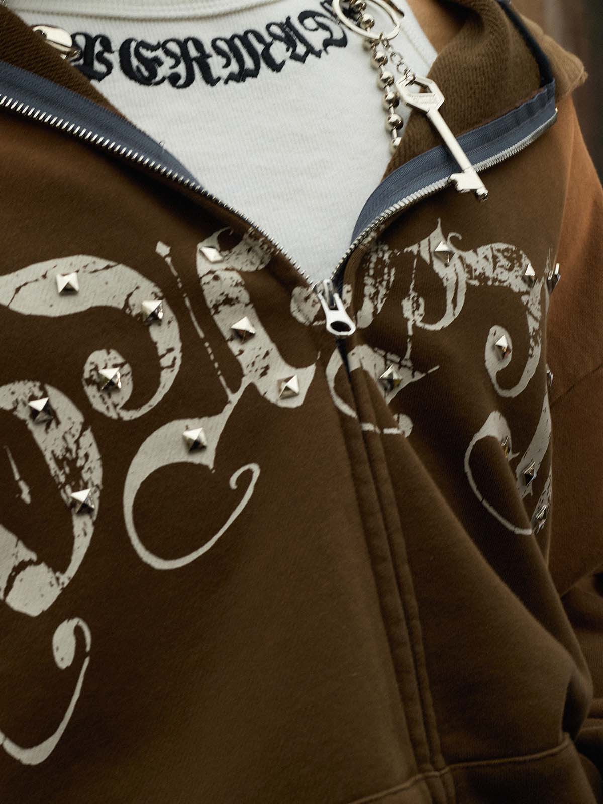 Vintage Distressed Studded Gothic Font Zip Up Hoodie - Image 11