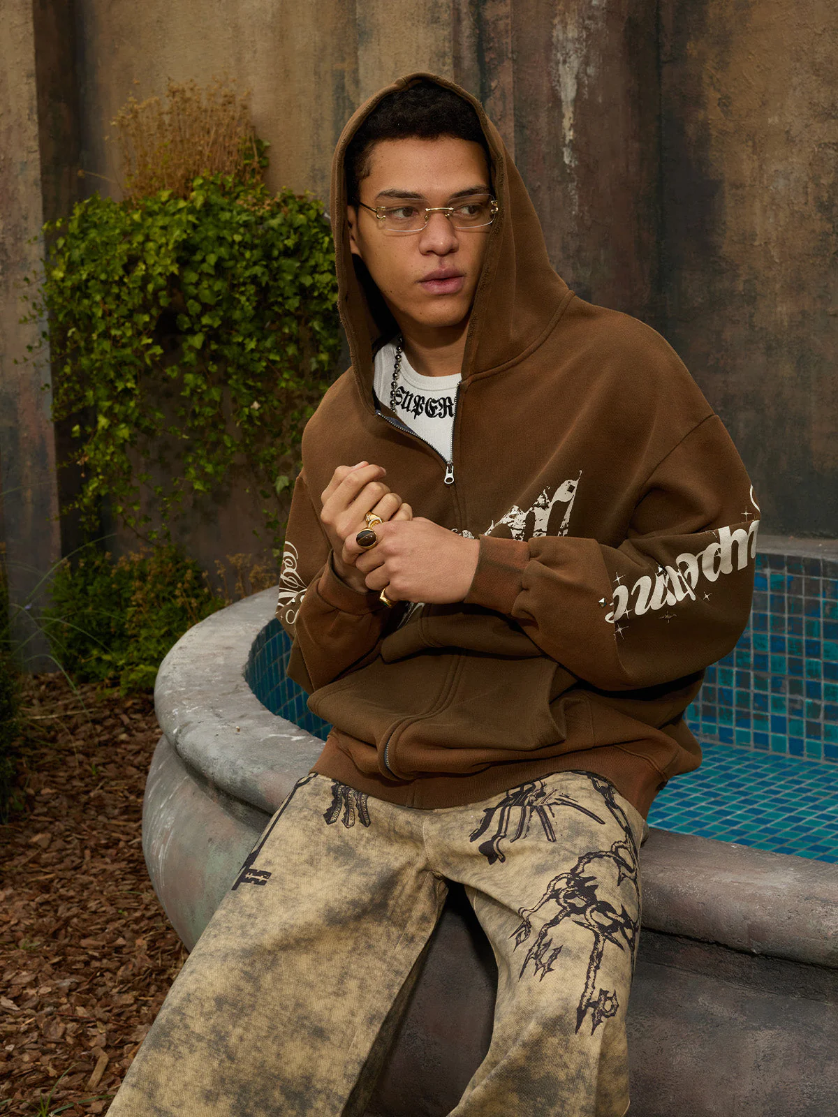 Vintage Distressed Studded Gothic Font Zip Up Hoodie - Image 12