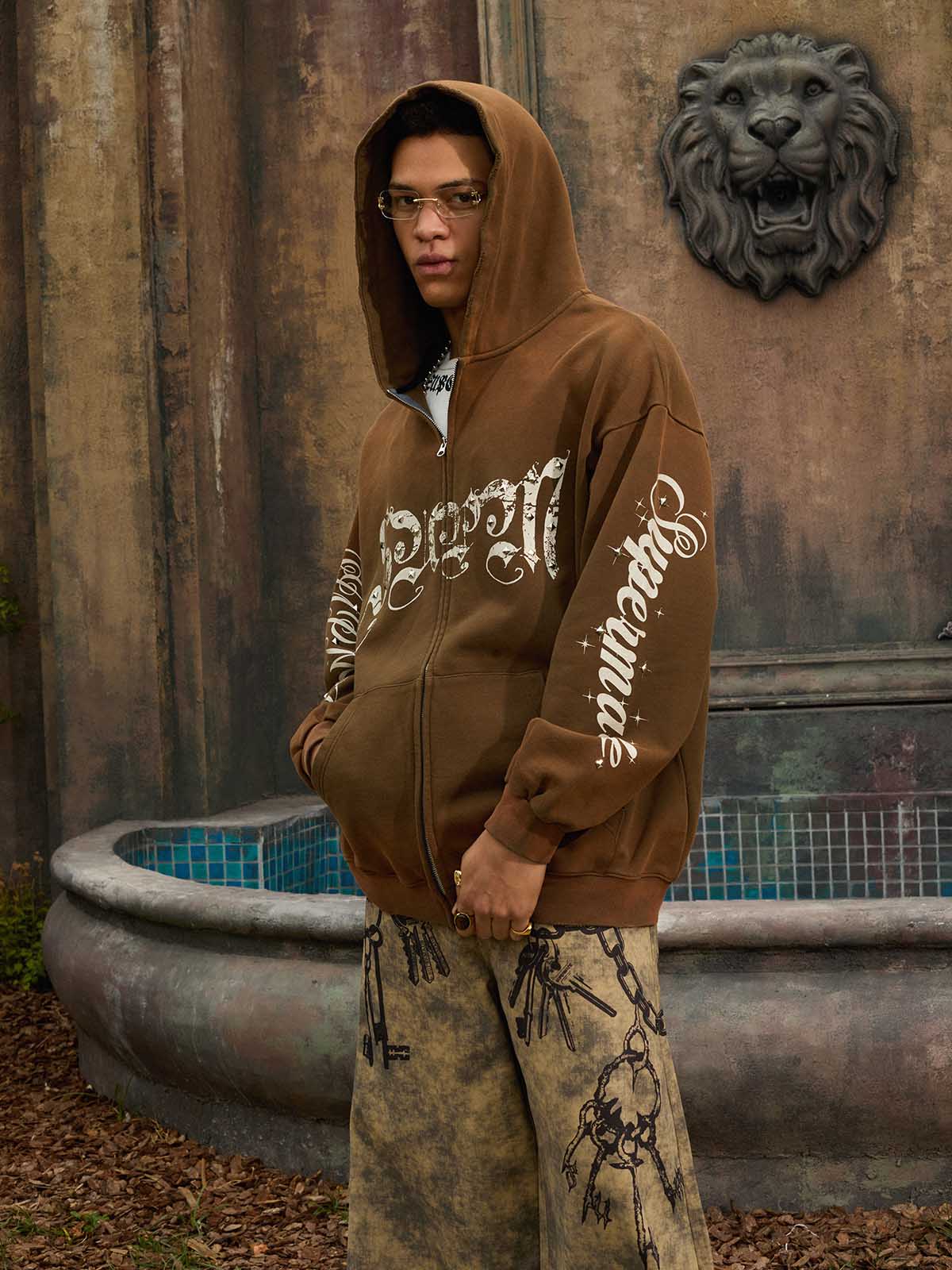 Vintage Distressed Studded Gothic Font Zip Up Hoodie - Image 15