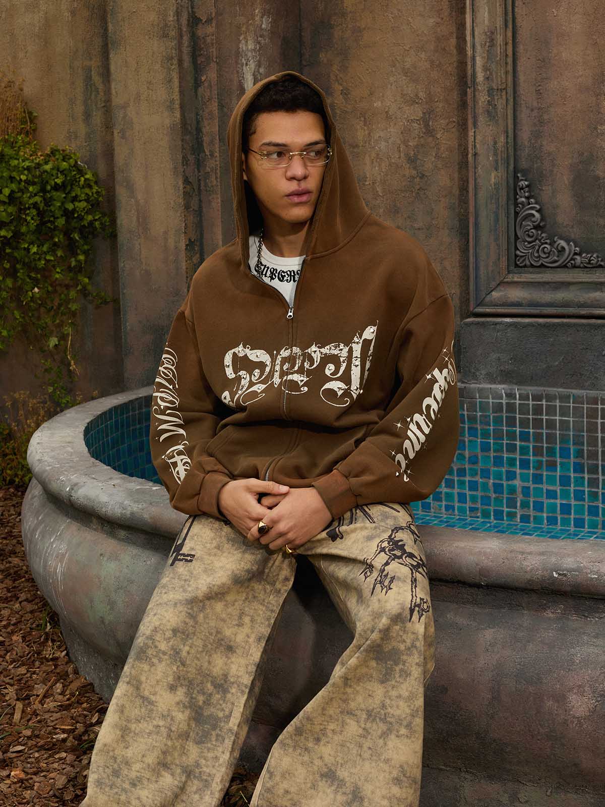 Vintage Distressed Studded Gothic Font Zip Up Hoodie - Image 16