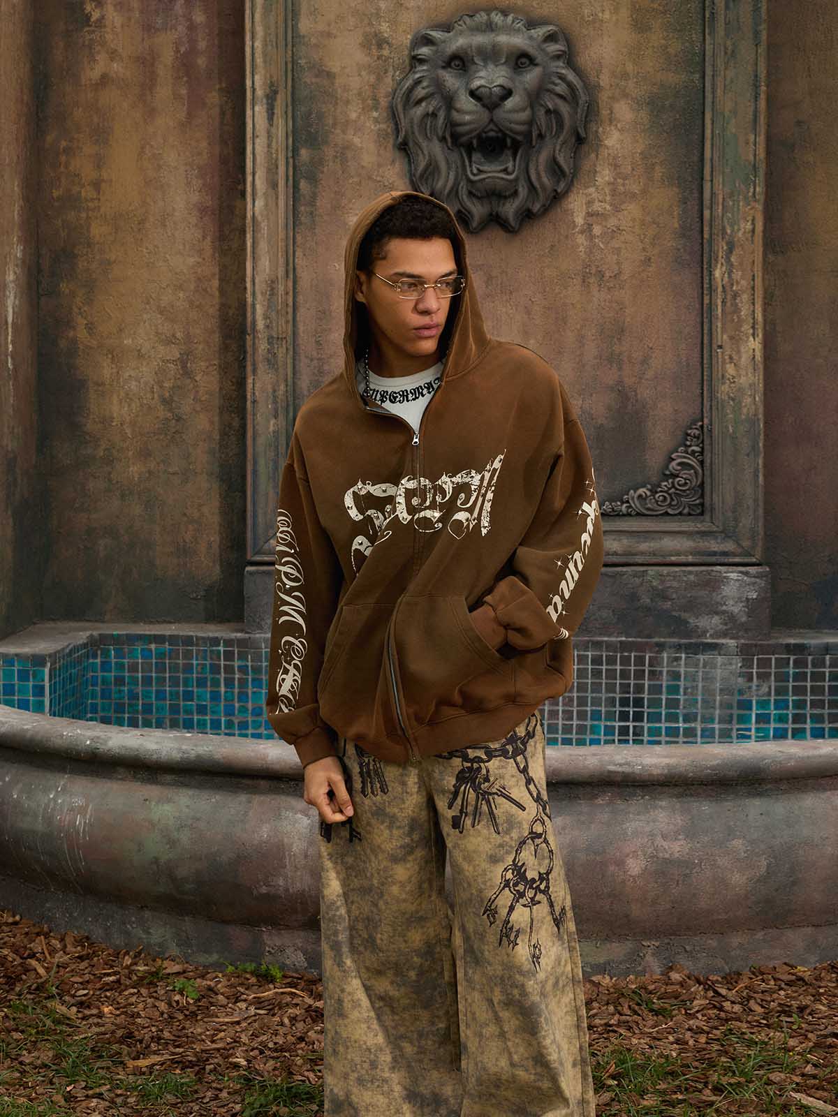 Vintage Distressed Studded Gothic Font Zip Up Hoodie - Image 17