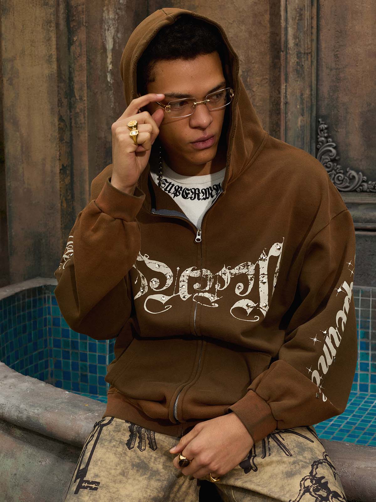 Vintage Distressed Studded Gothic Font Zip Up Hoodie - Image 18