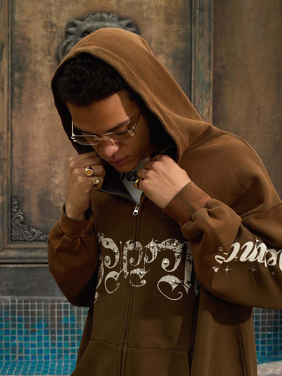 Vintage Distressed Studded Gothic Font Zip Up Hoodie - Image 19