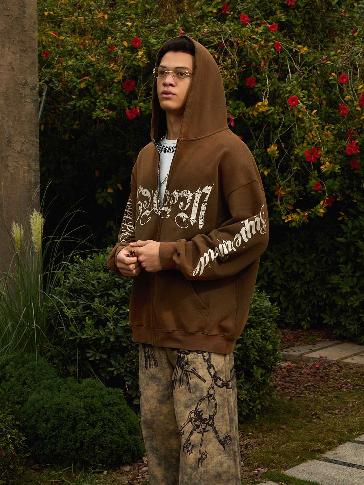 Vintage Distressed Studded Gothic Font Zip Up Hoodie - Image 22
