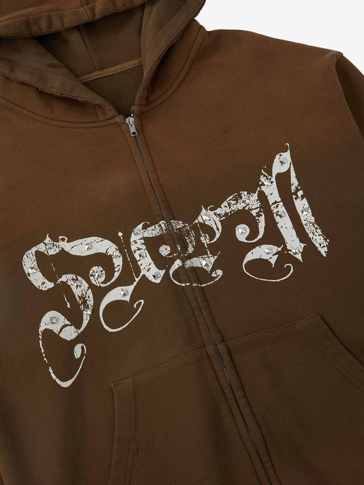 Vintage Distressed Studded Gothic Font Zip Up Hoodie - Image 27
