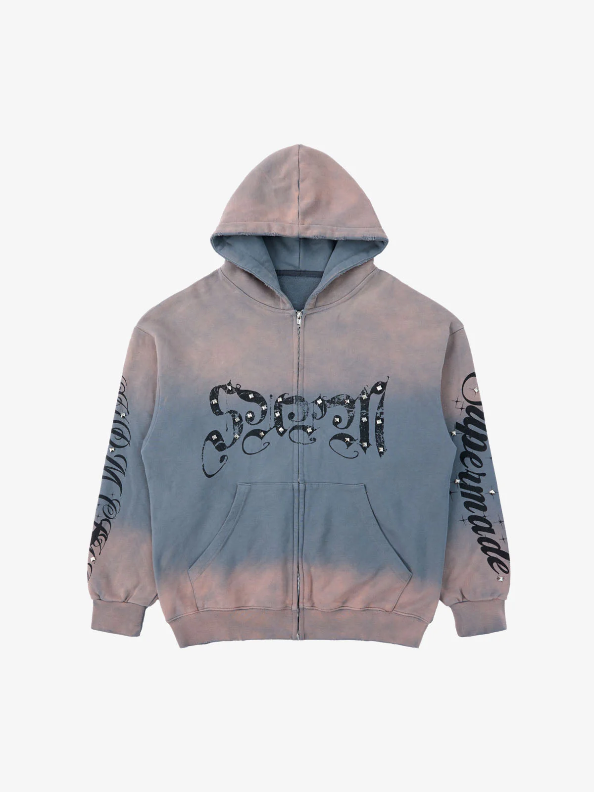 Vintage Distressed Studded Gothic Font Zip Up Hoodie - Image 3
