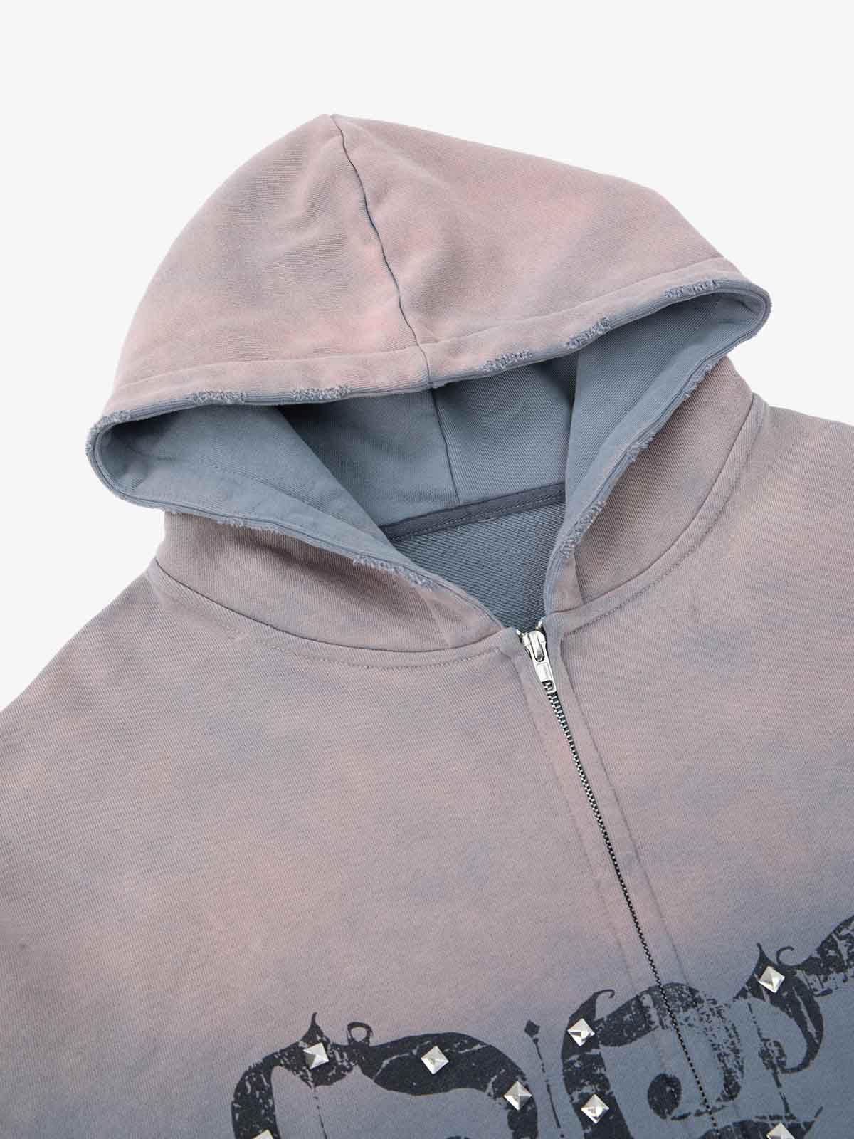 Vintage Distressed Studded Gothic Font Zip Up Hoodie - Image 31