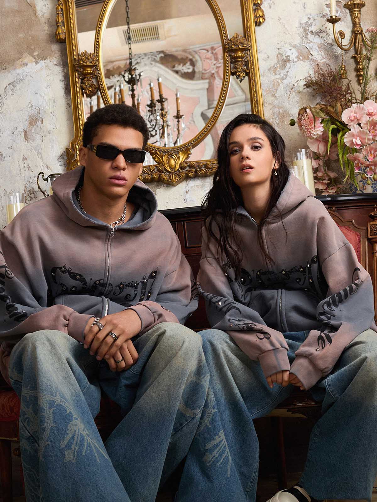 Vintage Distressed Studded Gothic Font Zip Up Hoodie - Image 4