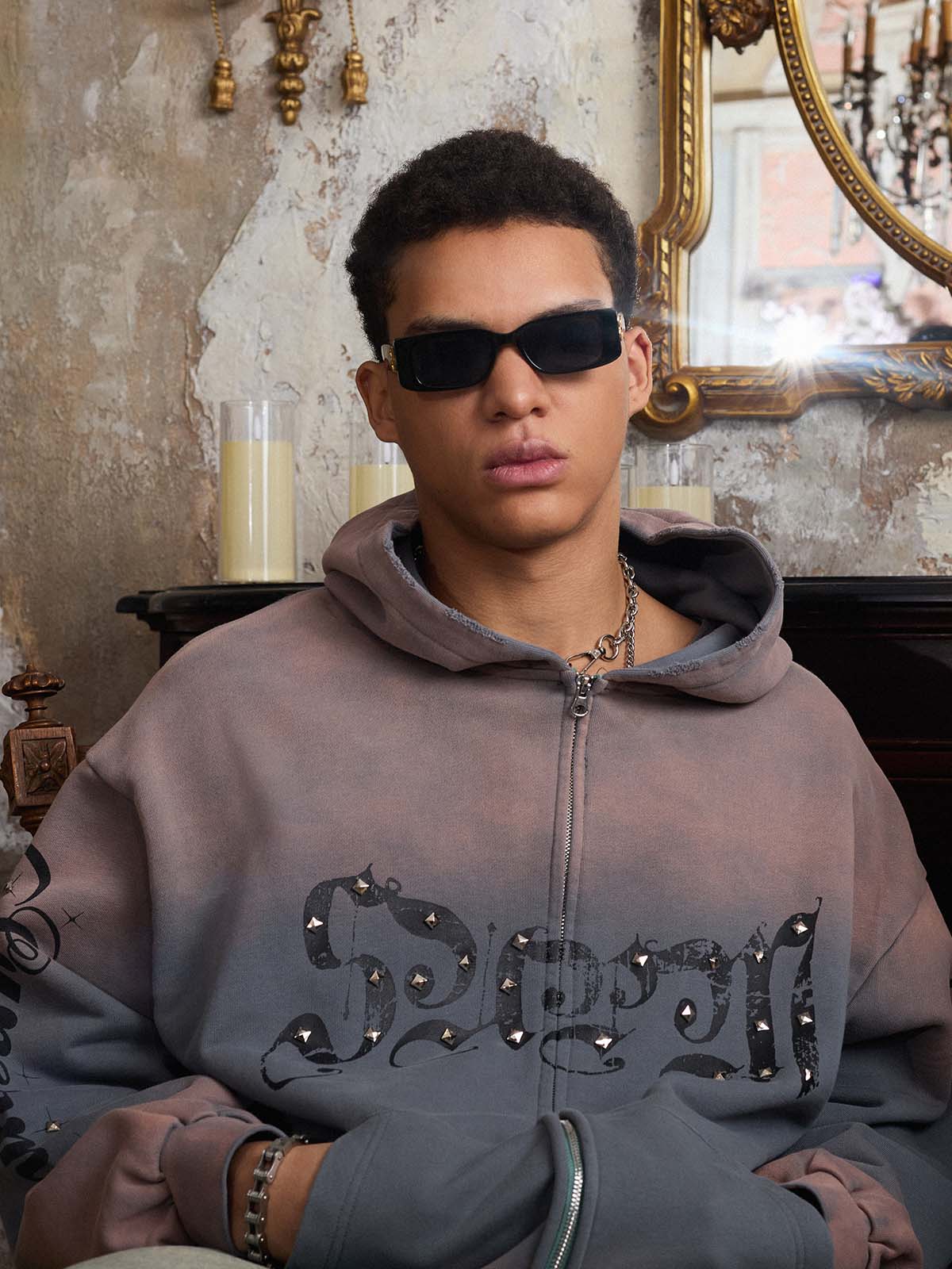 Vintage Distressed Studded Gothic Font Zip Up Hoodie - Image 7