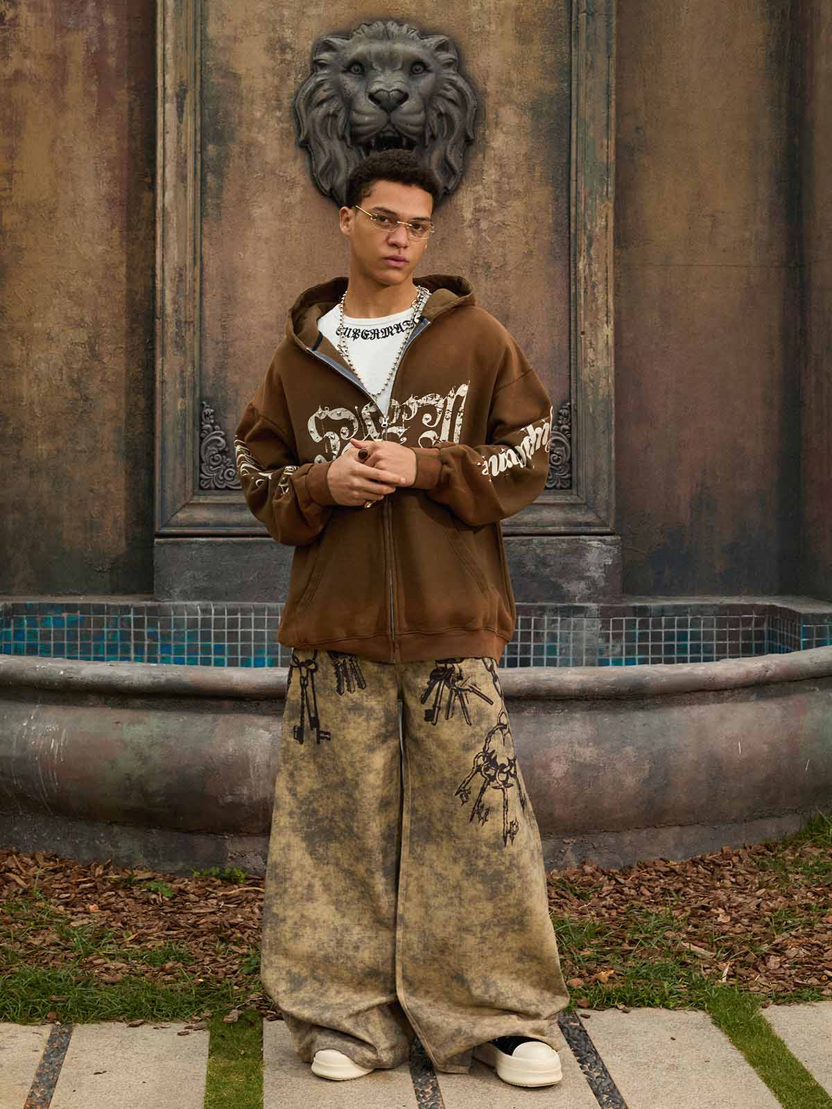 Vintage Distressed Studded Gothic Font Zip Up Hoodie - Image 9