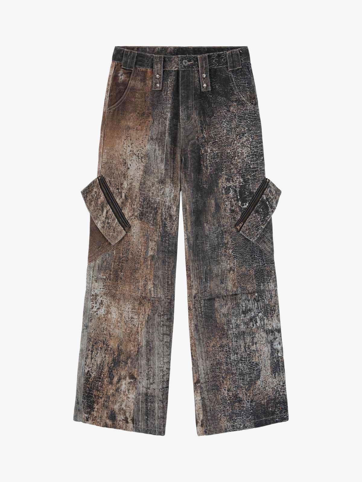 Vintage Distressed Wash Utility Zipper Pocket Wide Leg Cargo Pants