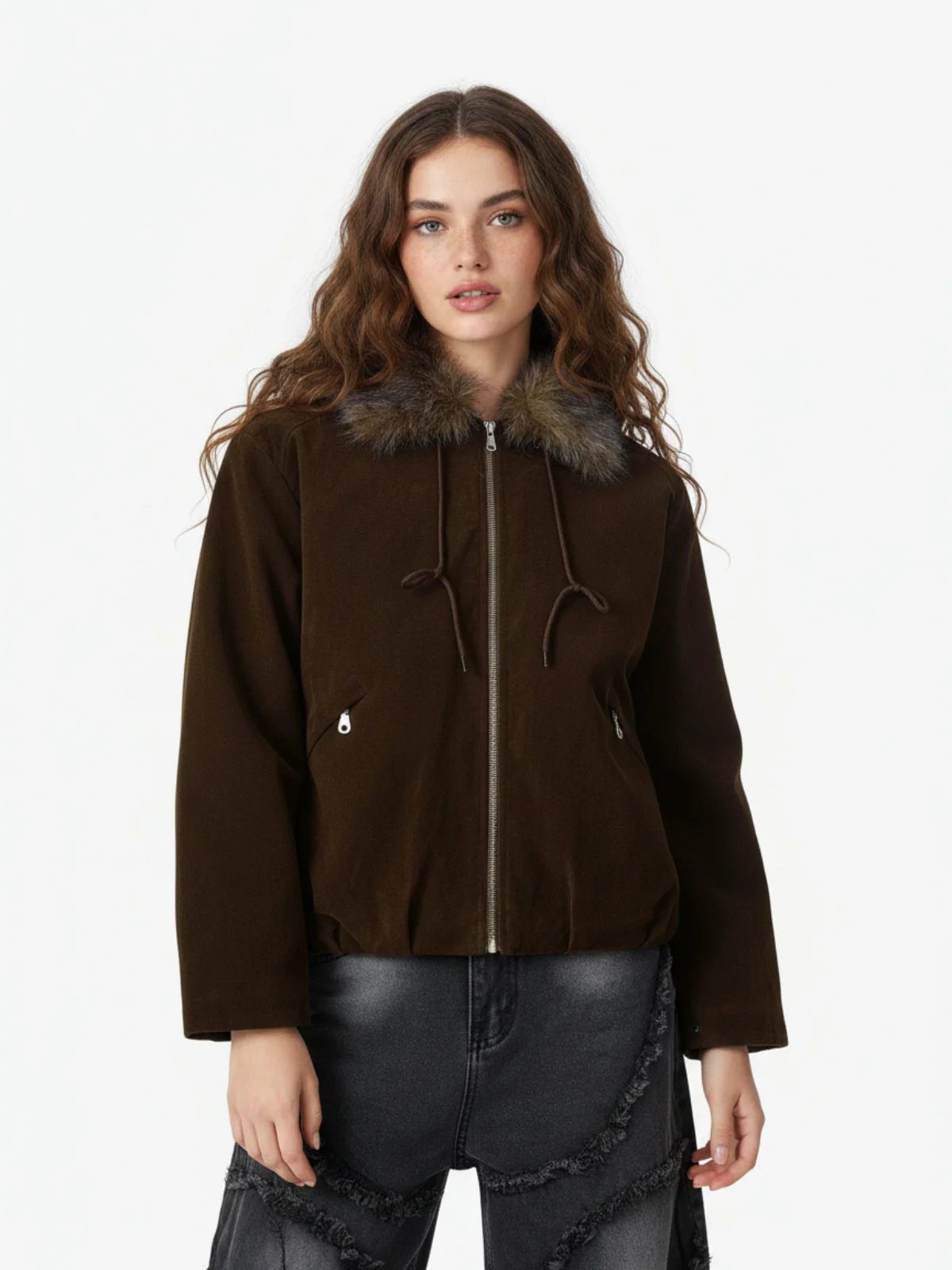 Vintage Drawstring Design Fur Collar Padded Jacket