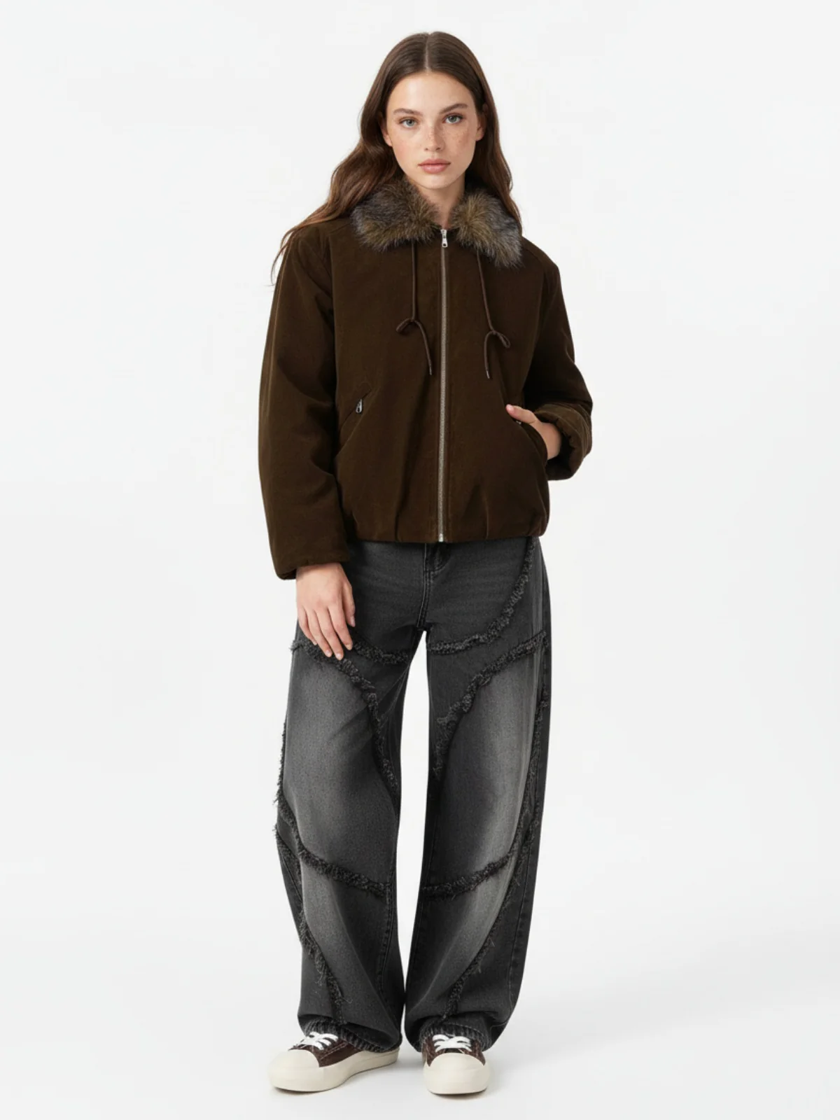 Vintage Drawstring Design Fur Collar Padded Jacket - Image 3