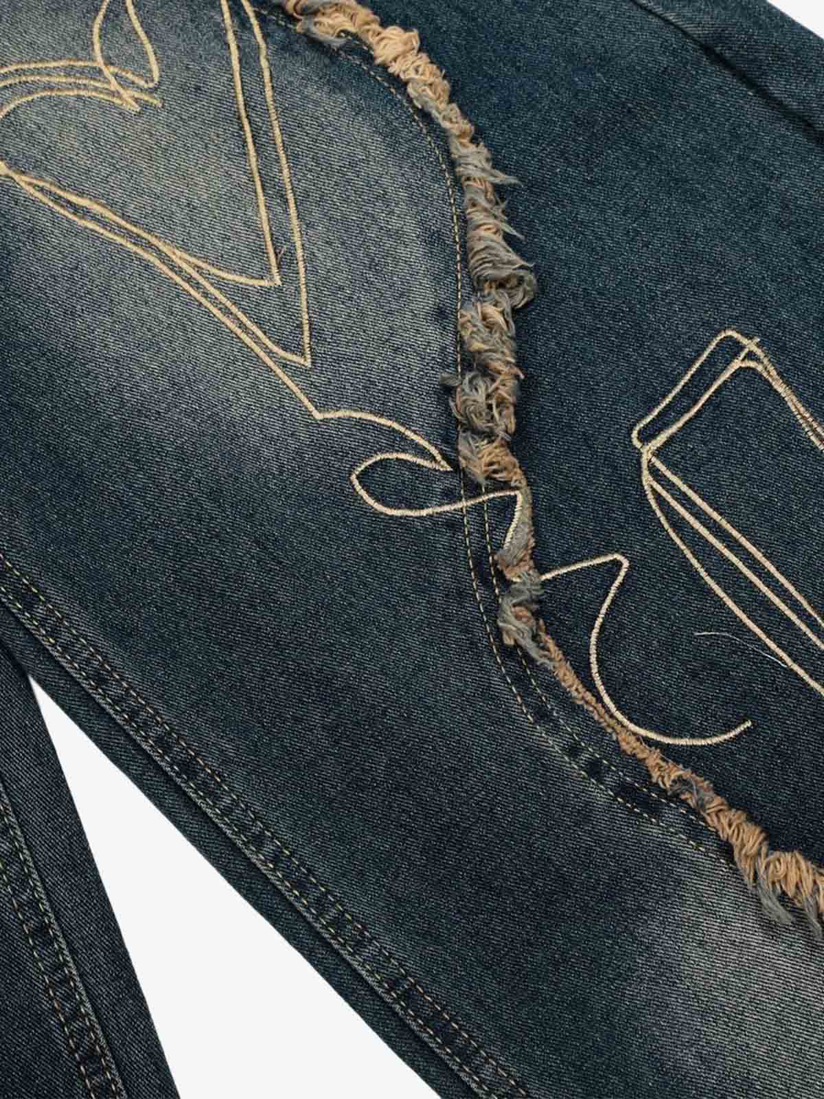 Vintage Embroidered Washed Raw-Edge Graffiti Scimitar Jeans - Image 11