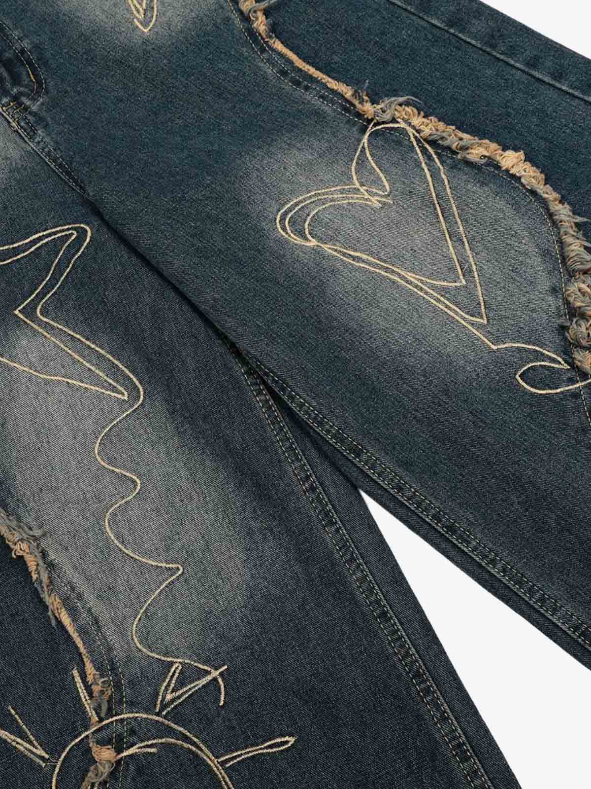 Vintage Embroidered Washed Raw-Edge Graffiti Scimitar Jeans - Image 13