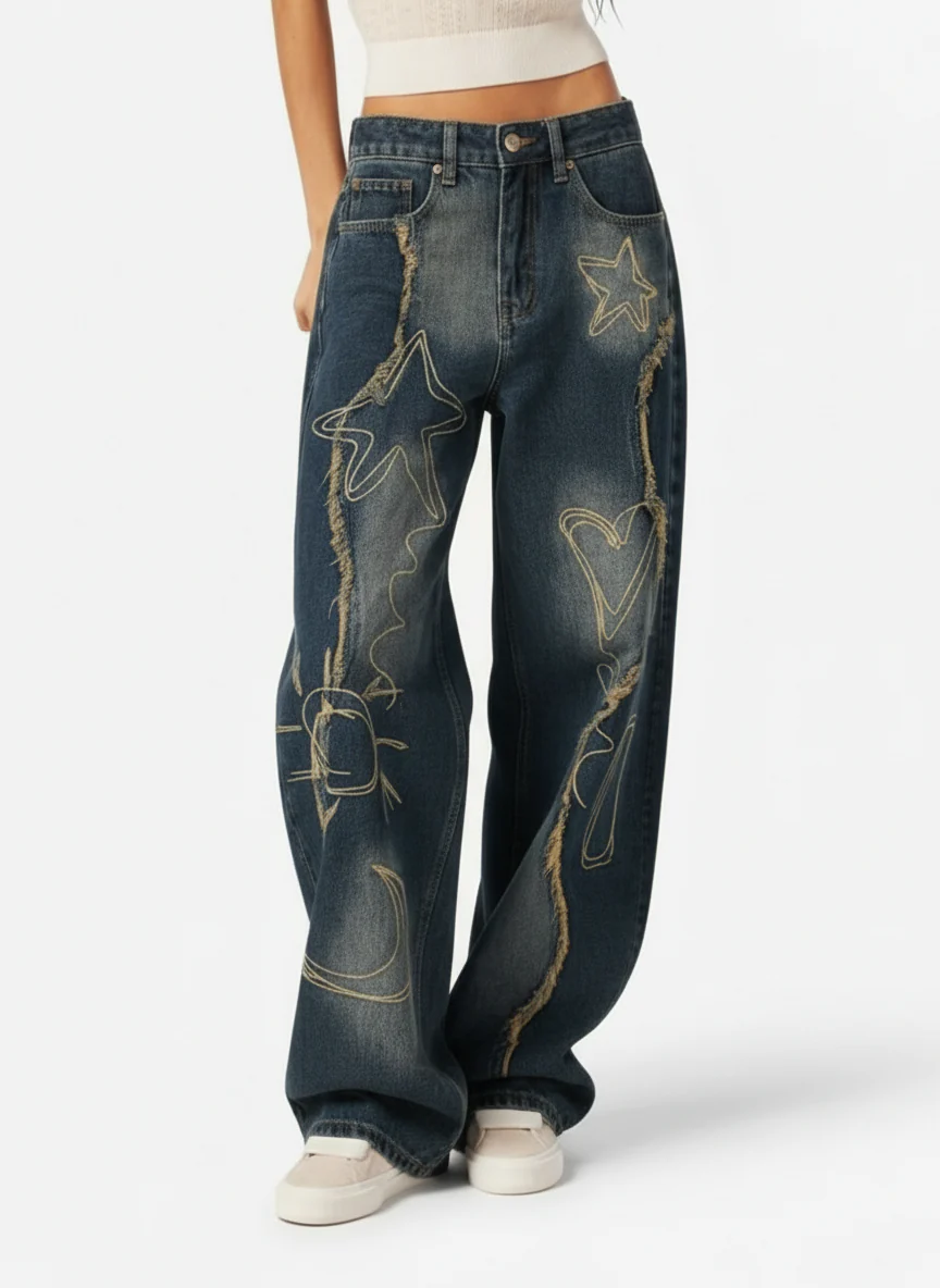 Vintage Embroidered Washed Raw-Edge Graffiti Scimitar Jeans - Image 3