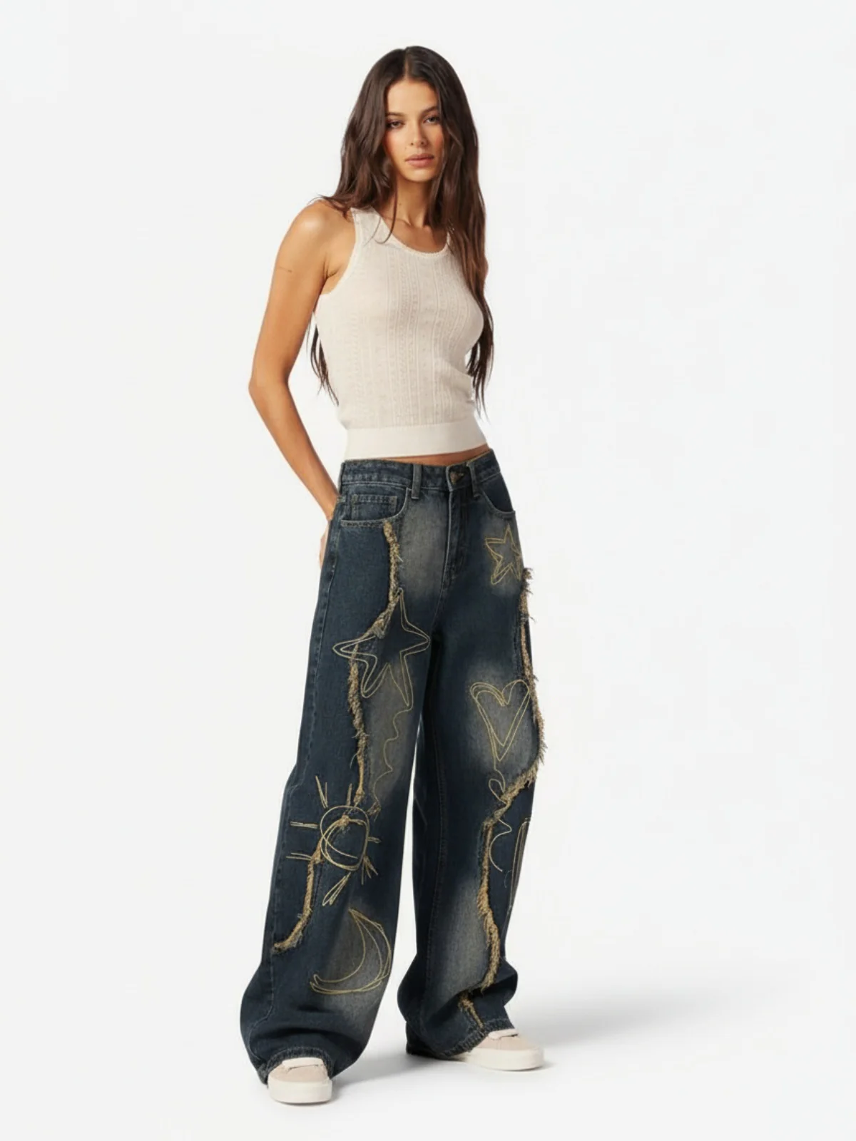 Vintage Embroidered Washed Raw-Edge Graffiti Scimitar Jeans - Image 5