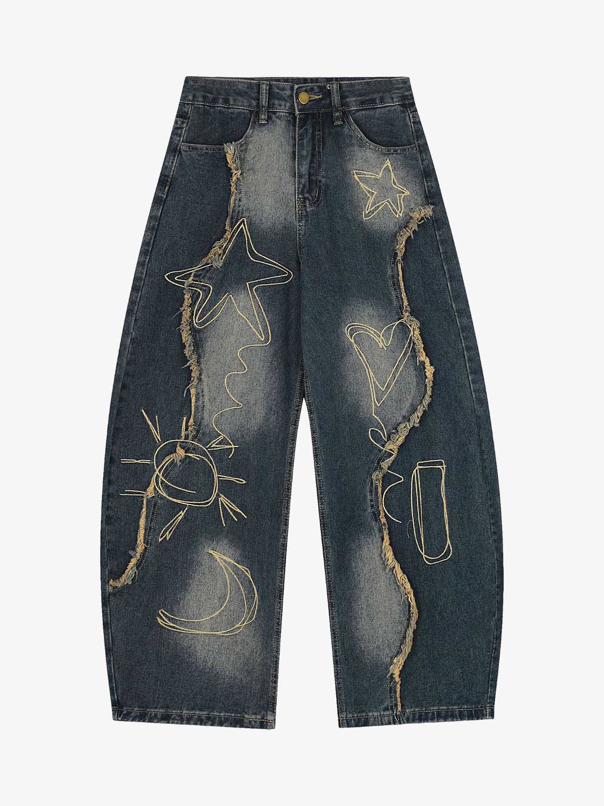 Vintage Embroidered Washed Raw-Edge Graffiti Scimitar Jeans - Image 6