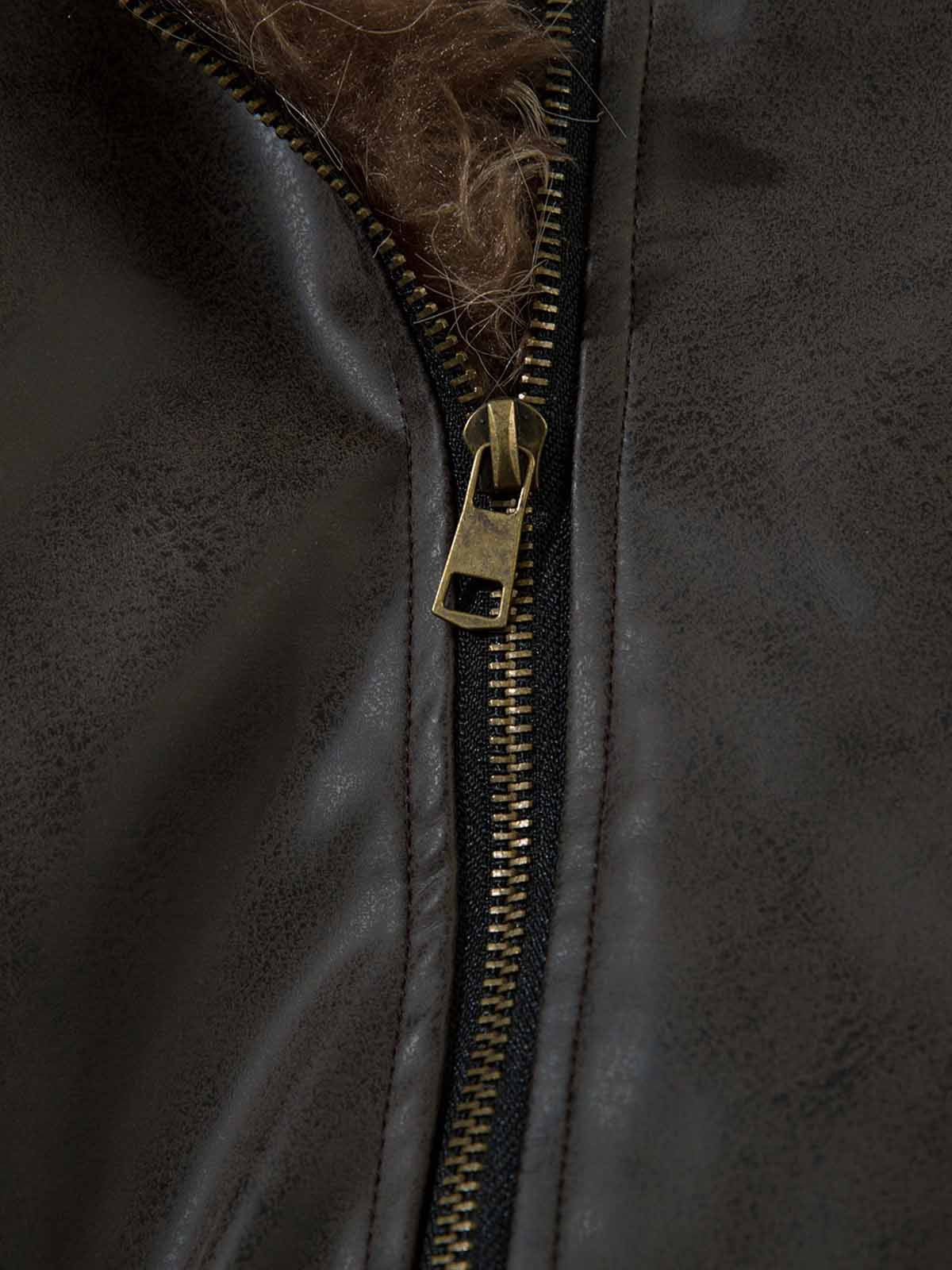 Vintage Faux Fur Hood Lined PU Zip Up Bomber Jacket - Image 10