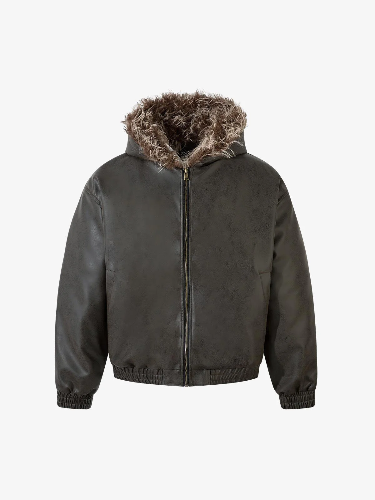 Vintage Faux Fur Hood Lined PU Zip Up Bomber Jacket - Image 2