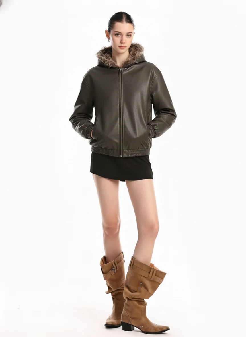 Vintage Faux Fur Hood Lined PU Zip Up Bomber Jacket - Image 3