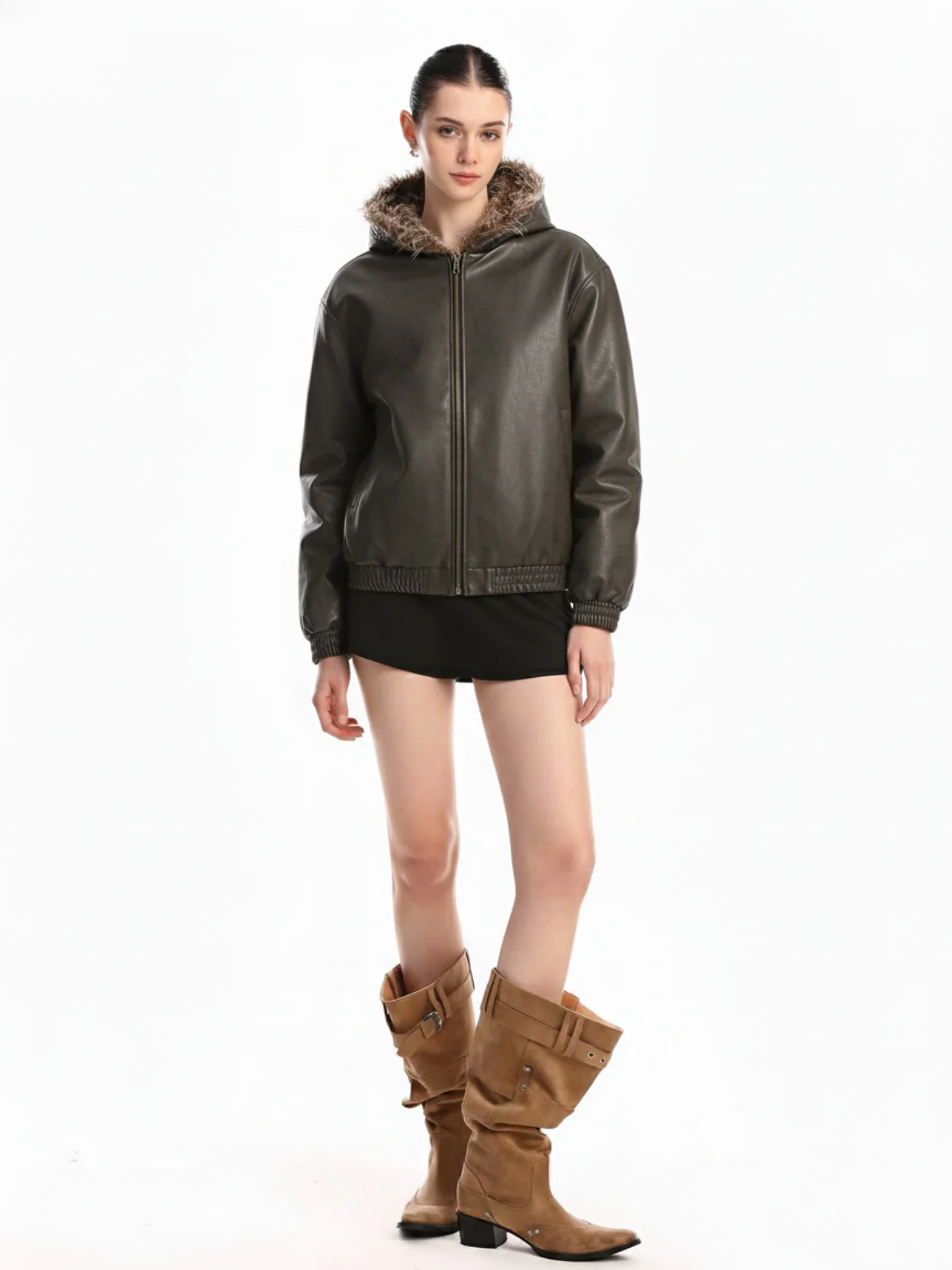 Vintage Faux Fur Hood Lined PU Zip Up Bomber Jacket - Image 4