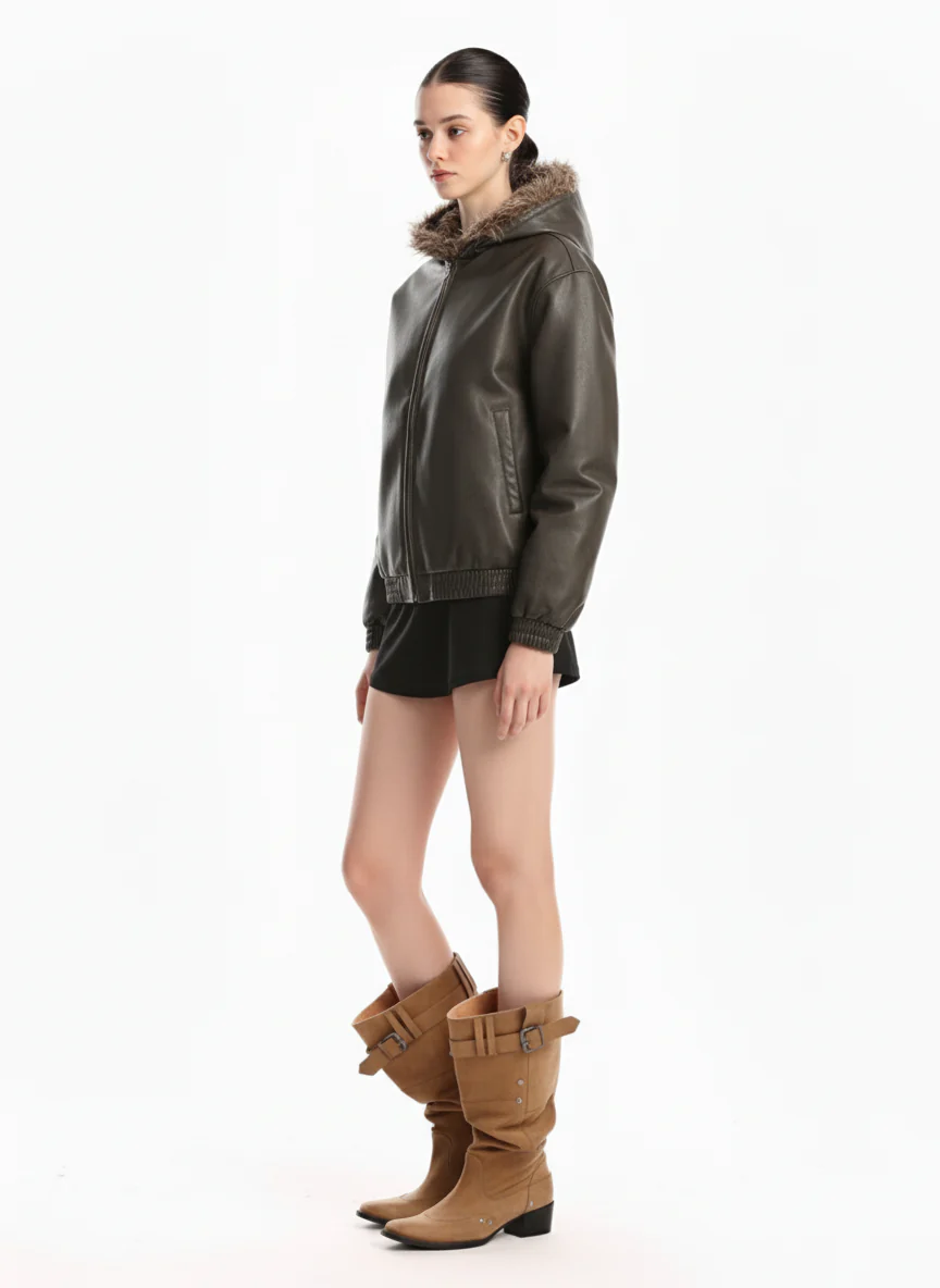 Vintage Faux Fur Hood Lined PU Zip Up Bomber Jacket - Image 5