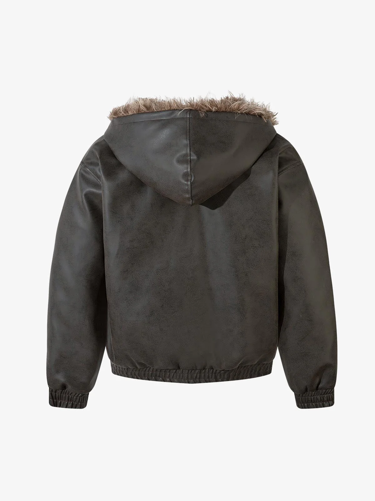 Vintage Faux Fur Hood Lined PU Zip Up Bomber Jacket - Image 6