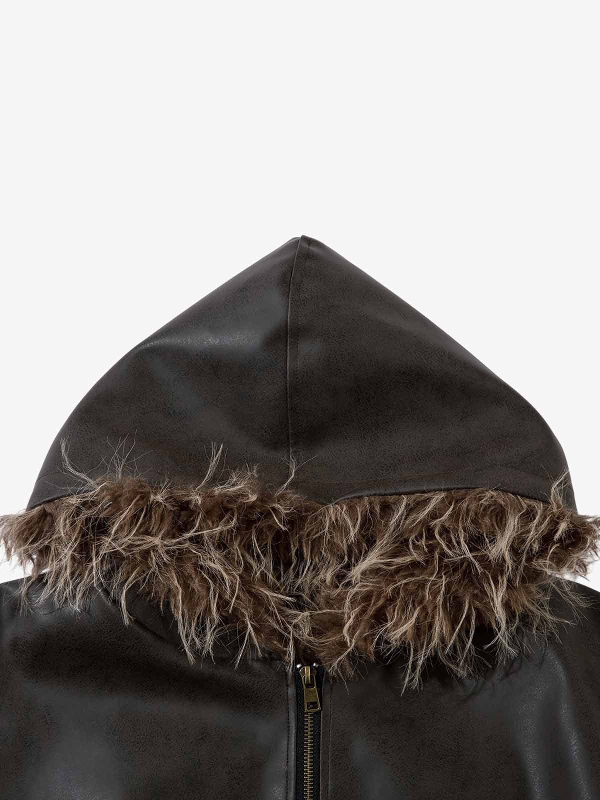 Vintage Faux Fur Hood Lined PU Zip Up Bomber Jacket - Image 7