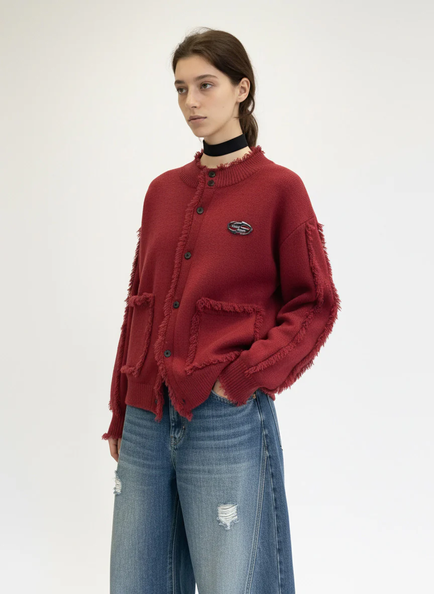 Vintage Frayed Edge Metal Logo Cardigan - Image 4