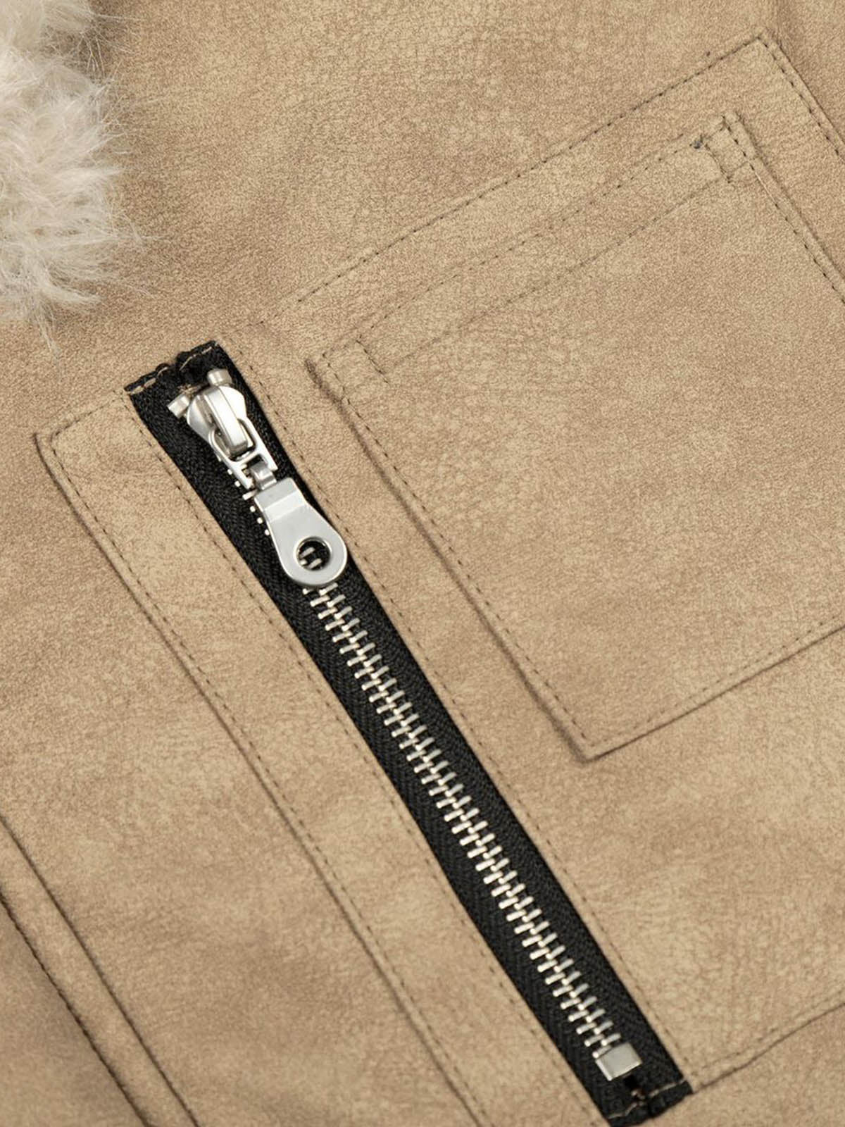 Vintage Fur Collar PU Leather Badge Embroidery Work Jacket - Image 11