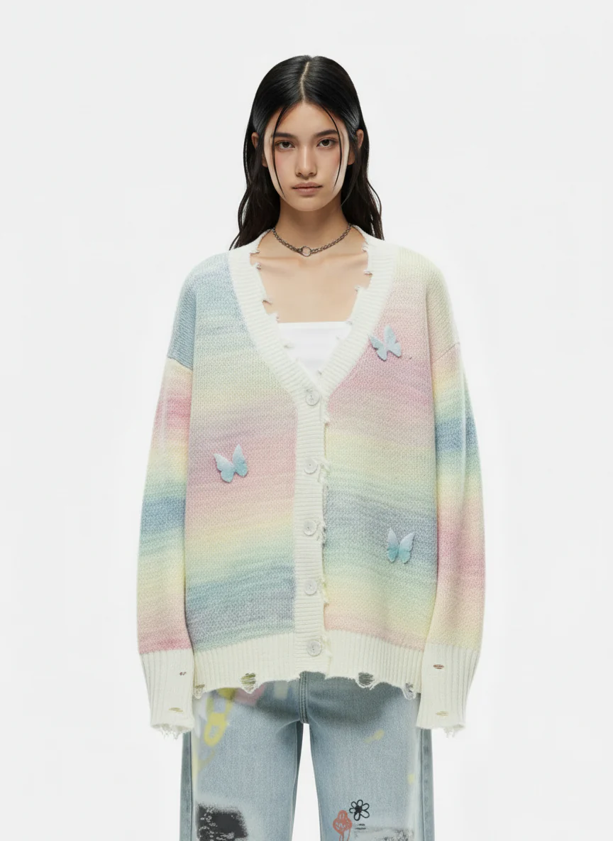 Vintage Gradient Butterfly Distressed Cardigan Sweater
