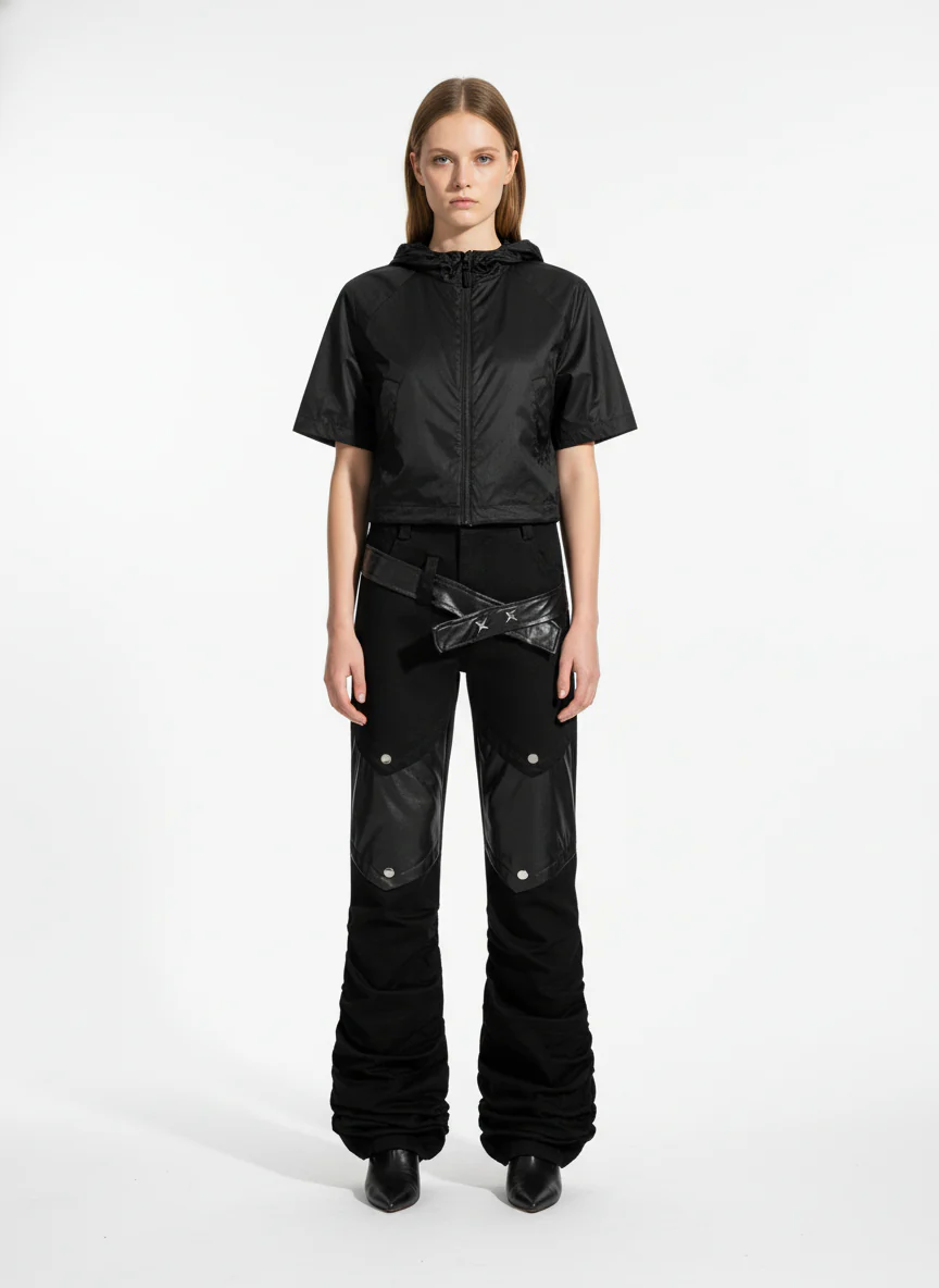 Vintage Heavy Pleated PU Leather Stitch Patchwork Flared Pants