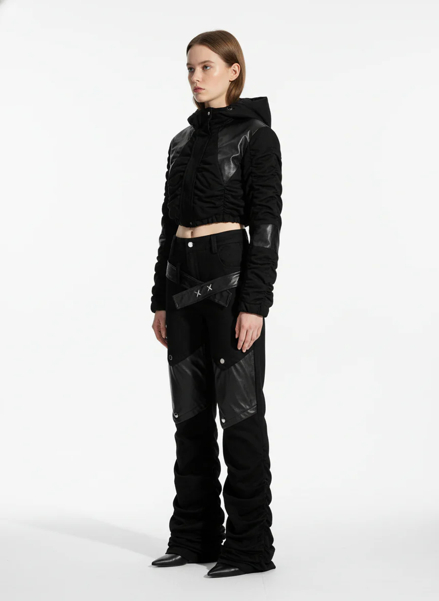 Vintage Heavy Pleated PU Leather Stitch Patchwork Flared Pants - Image 2