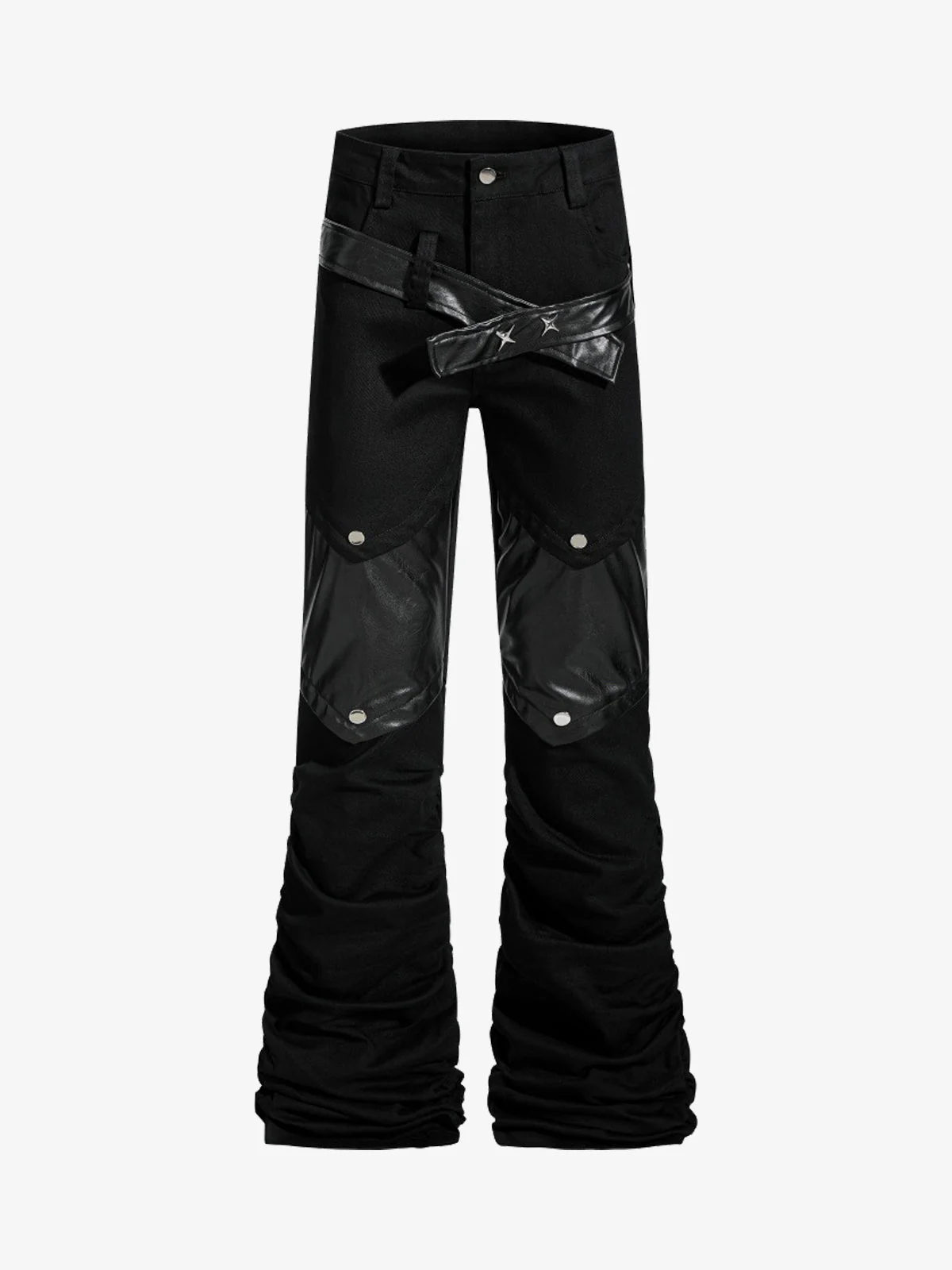 Vintage Heavy Pleated PU Leather Stitch Patchwork Flared Pants - Image 3