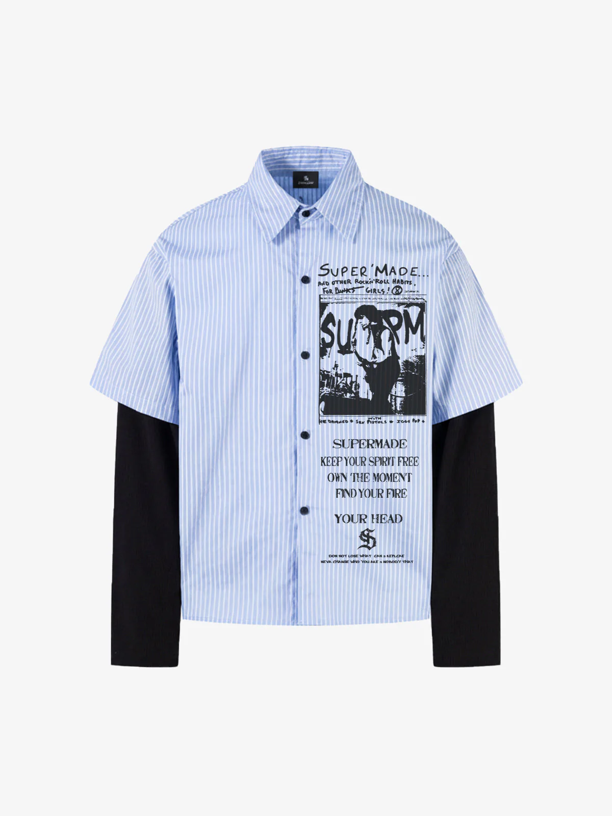 Vintage Illustration Striped Faux Two-Piece Shirt - Image 2
