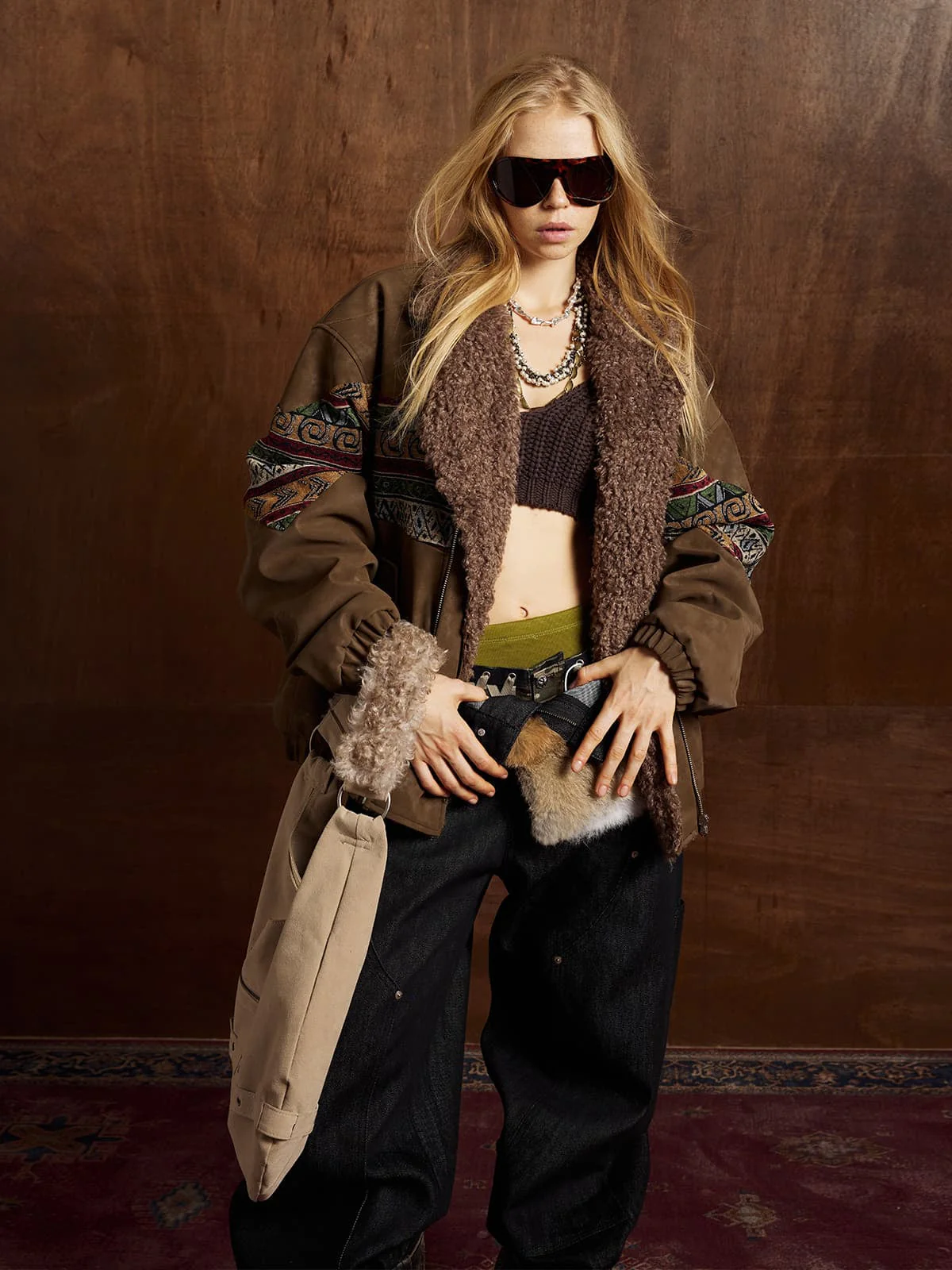 Vintage Leather and Sherpa Patchwork Webbing Cotton Jacket - Image 4