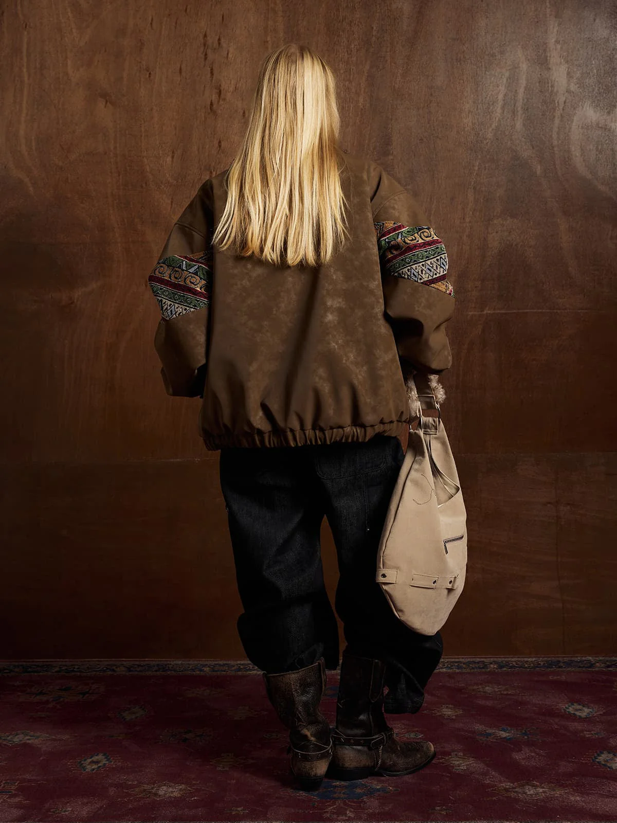 Vintage Leather and Sherpa Patchwork Webbing Cotton Jacket - Image 5
