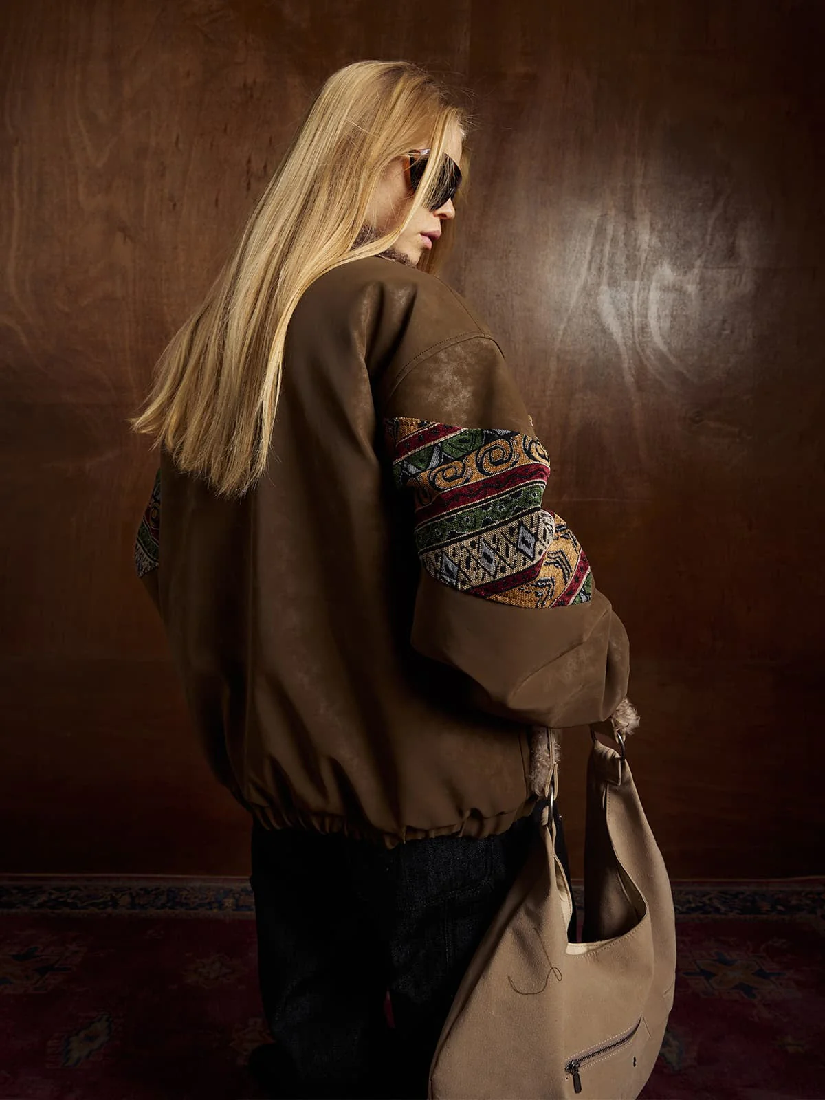 Vintage Leather and Sherpa Patchwork Webbing Cotton Jacket - Image 6