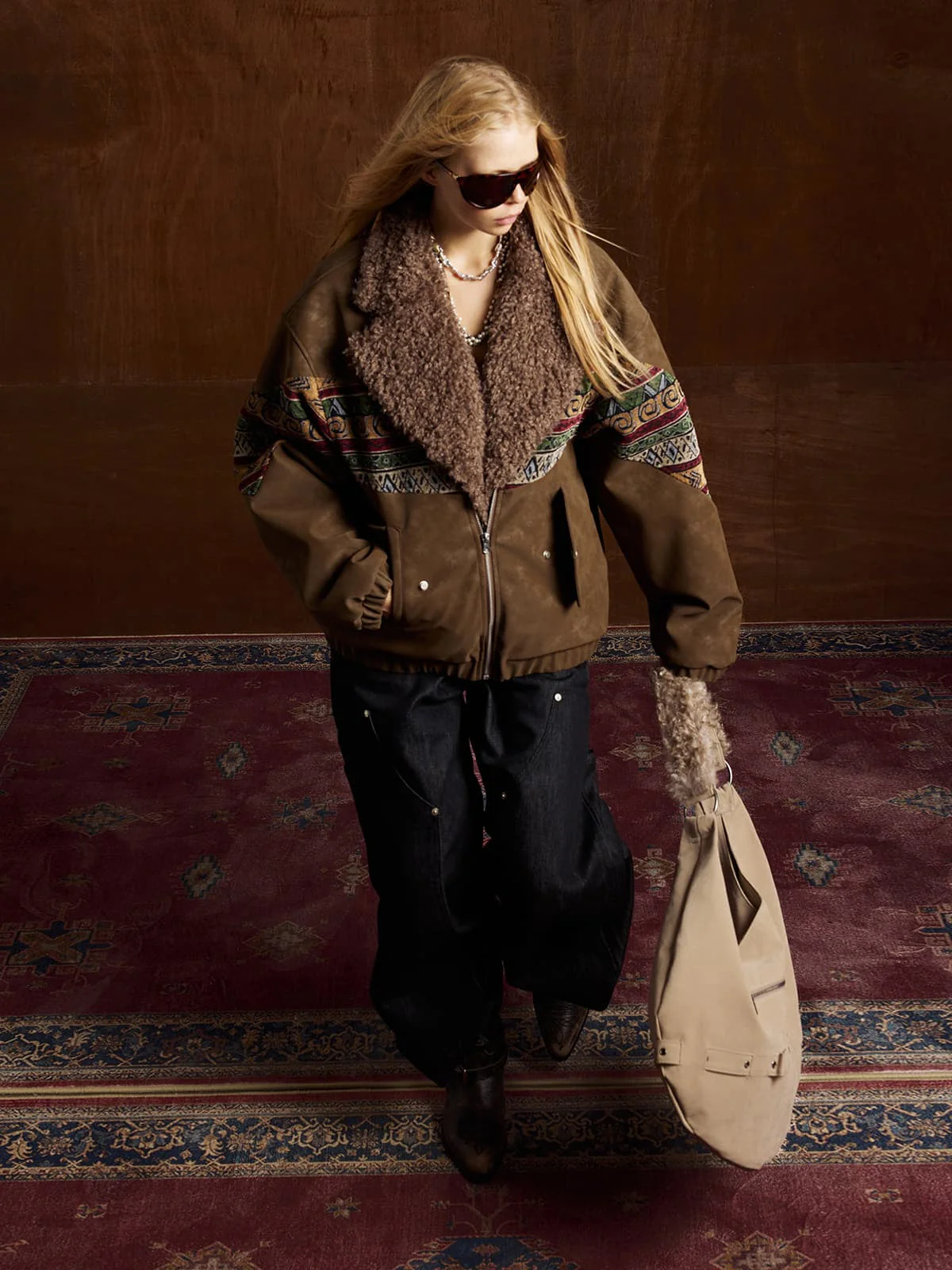 Vintage Leather and Sherpa Patchwork Webbing Cotton Jacket - Image 7