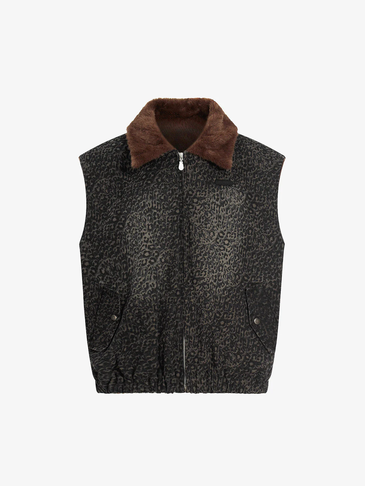 Vintage Leopard Print Faux Fur Collar Fleece Zip Up Vest - Image 2